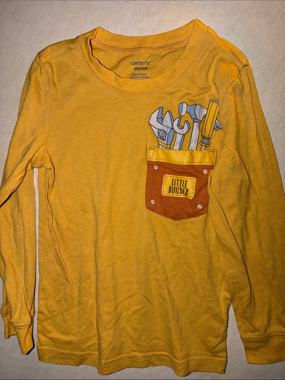 Kids Size 5T Carter's Mustard Yellow Long-Sleeve Tee with Tool Pocket Graphic